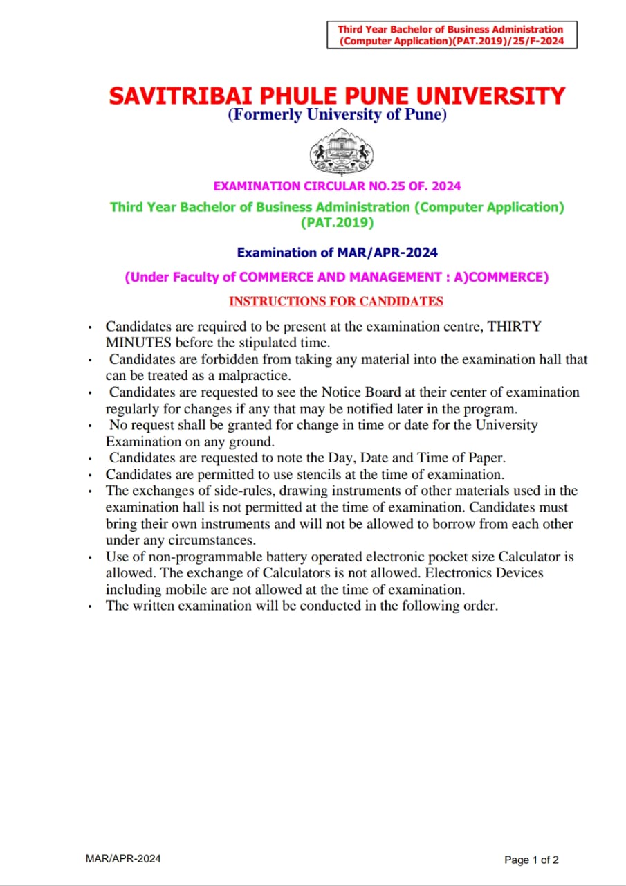 SPPU -T.Y.B.B.A. (CA) Examination Timetable March-April 2024 – Tikaram ...