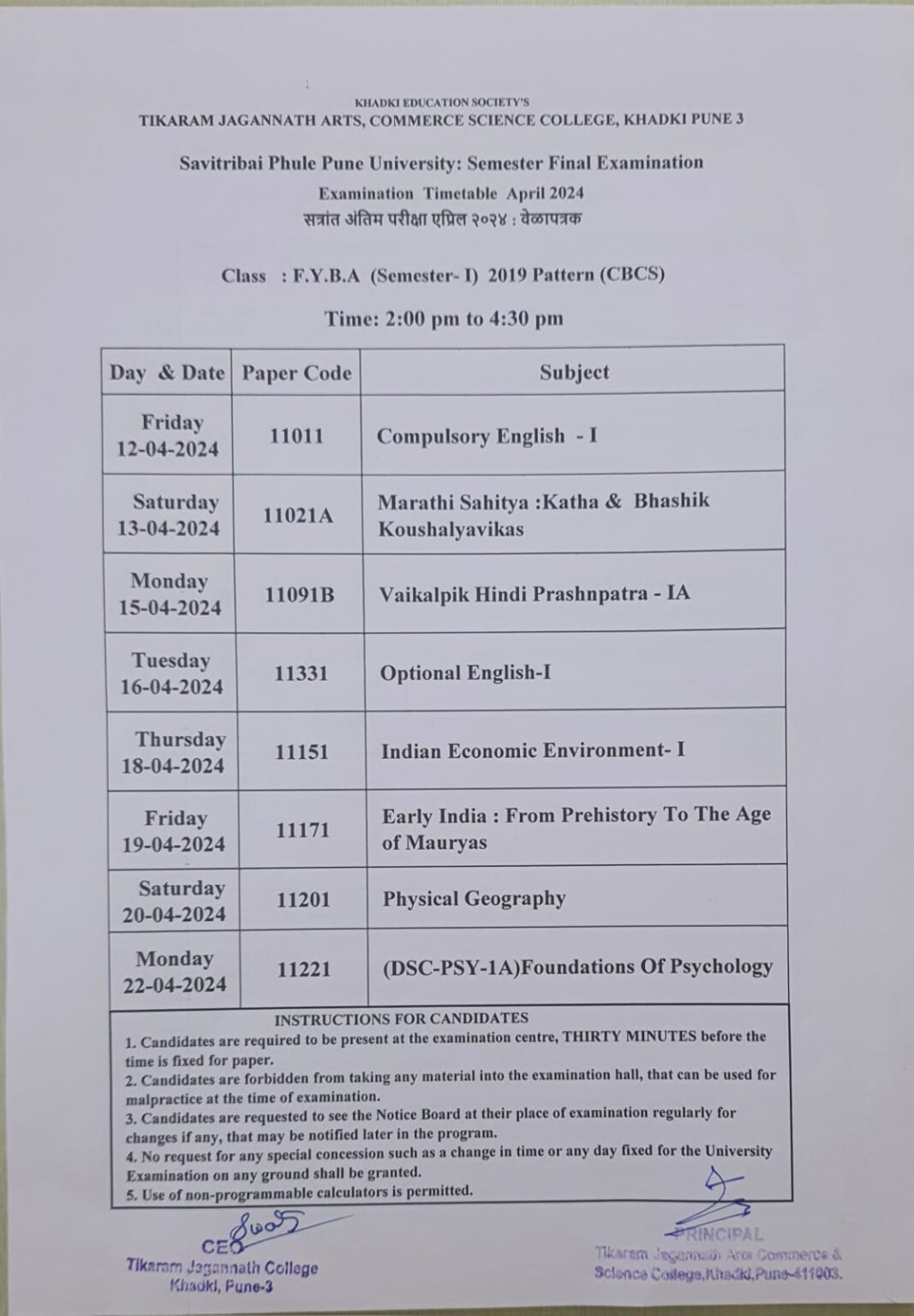 F.Y.B.A. Sem-1 & Sem-2 Examination Timetable 2024 – Tikaram Jagannath ...